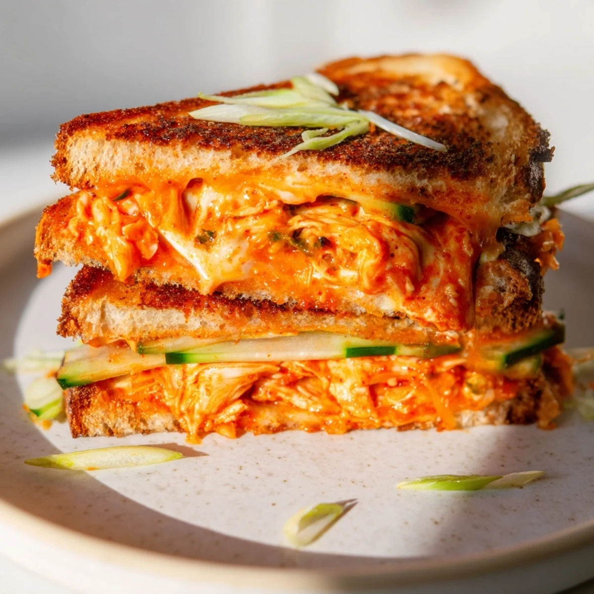 Golden, bubbly Gochujang Mayo Chicken Sandwich grilled cheese oozes melted cheese, offering savory comfort.