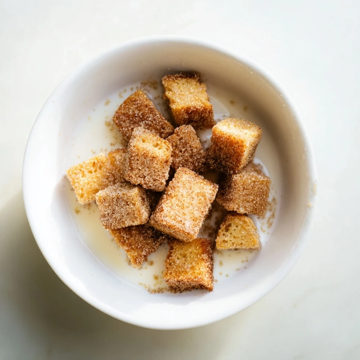 Golden-brown French Toast Cereal, crunchy and sweet, perfect for breakfast with milk and maple syrup.