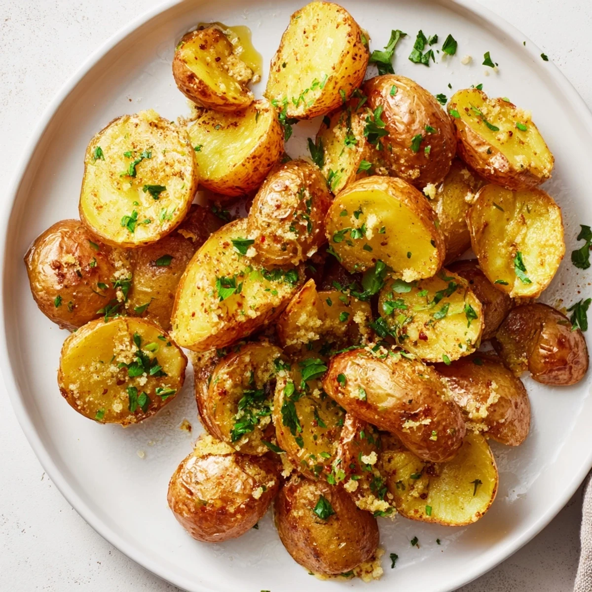 Golden, crispy Garlic Parmesan Potatoes, garnished with fresh parsley, are ready to serve.