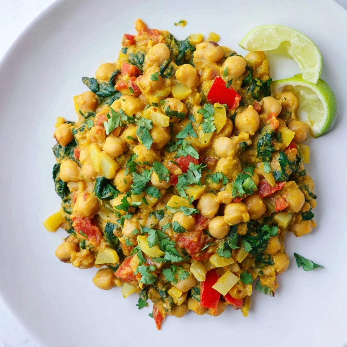 Fragrant one-pot Chickpea Curry with vibrant vegetables, simmered in coconut milk, ready for dinner.