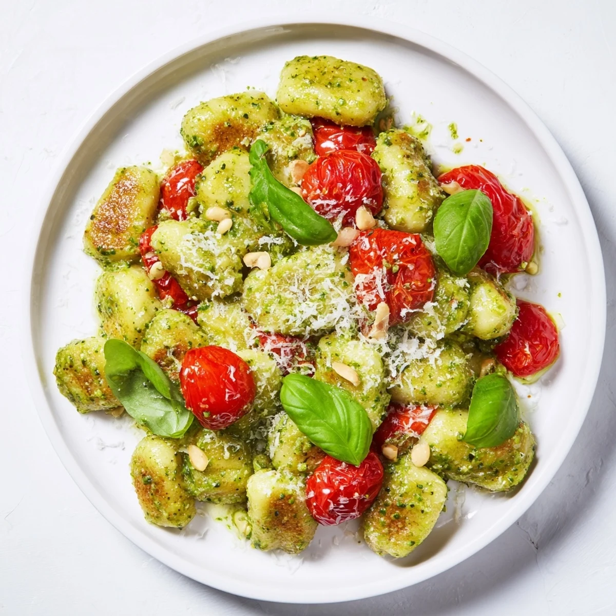 Close-up of pan-fried crispy gnocchi with vibrant, fresh pesto and juicy tomatoes.
