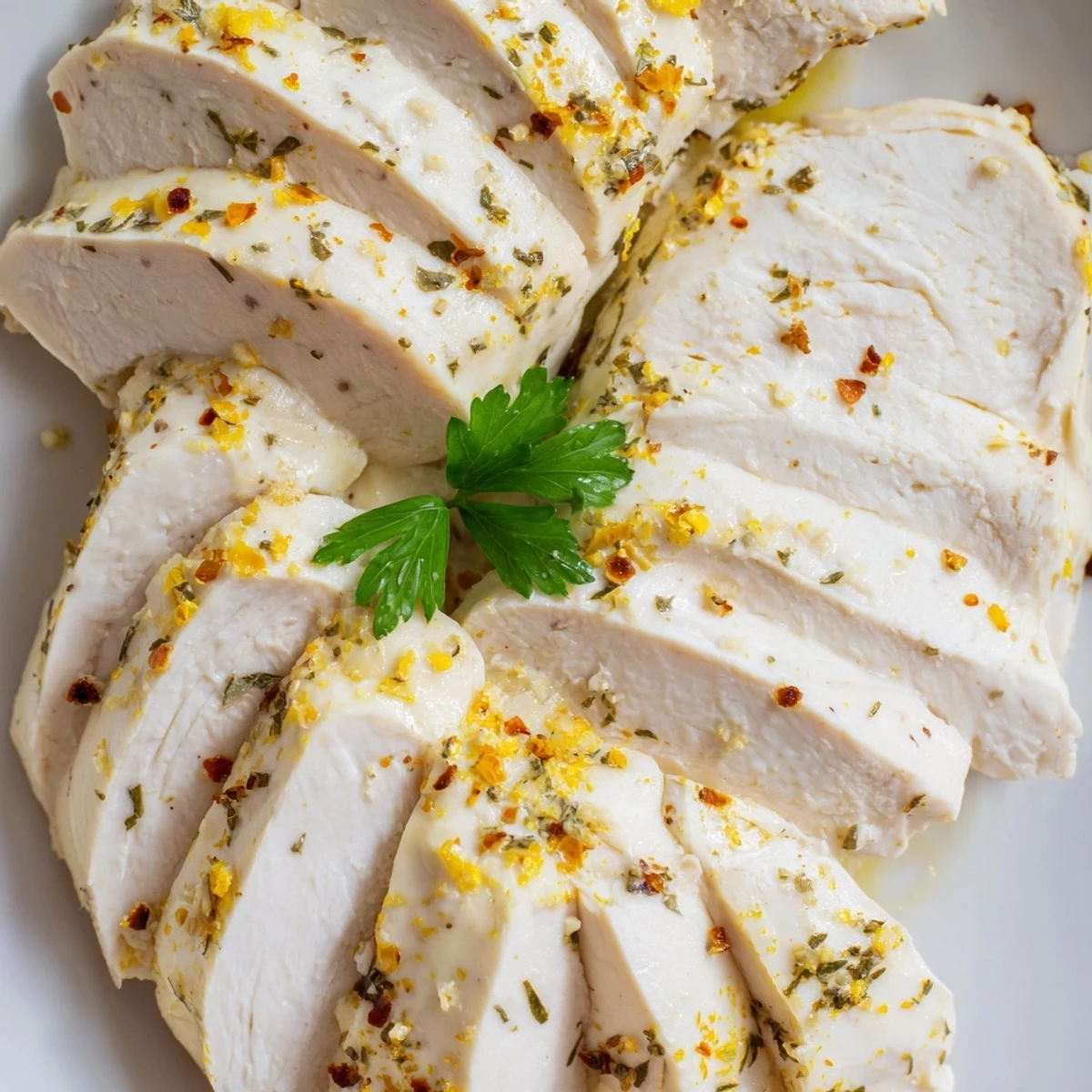 Tender and juicy Greek yogurt chicken, garnished with fresh parsley, looks incredibly delicious.