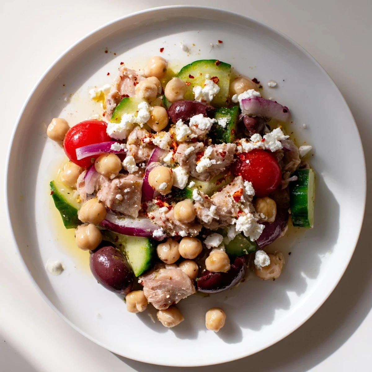 Tuna Chickpea Salad, a refreshing bowl with vibrant tomatoes and tender tuna chunks, ready to enjoy.