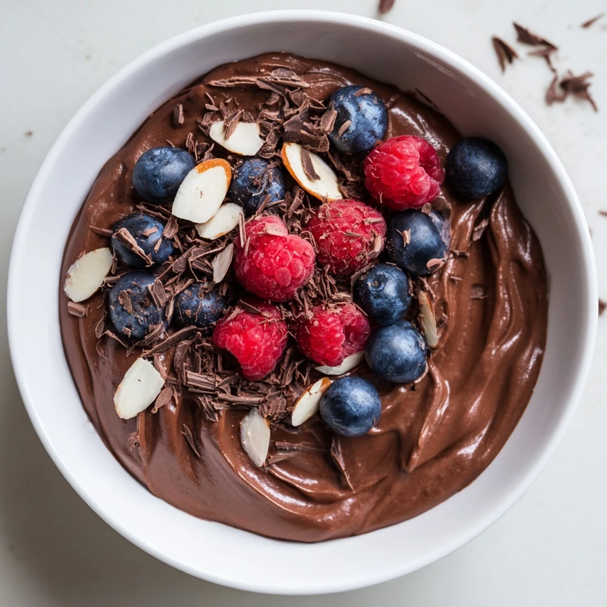 Close-up photo of creamy chocolate avocado mousse, a decadent, healthy, and easy treat.