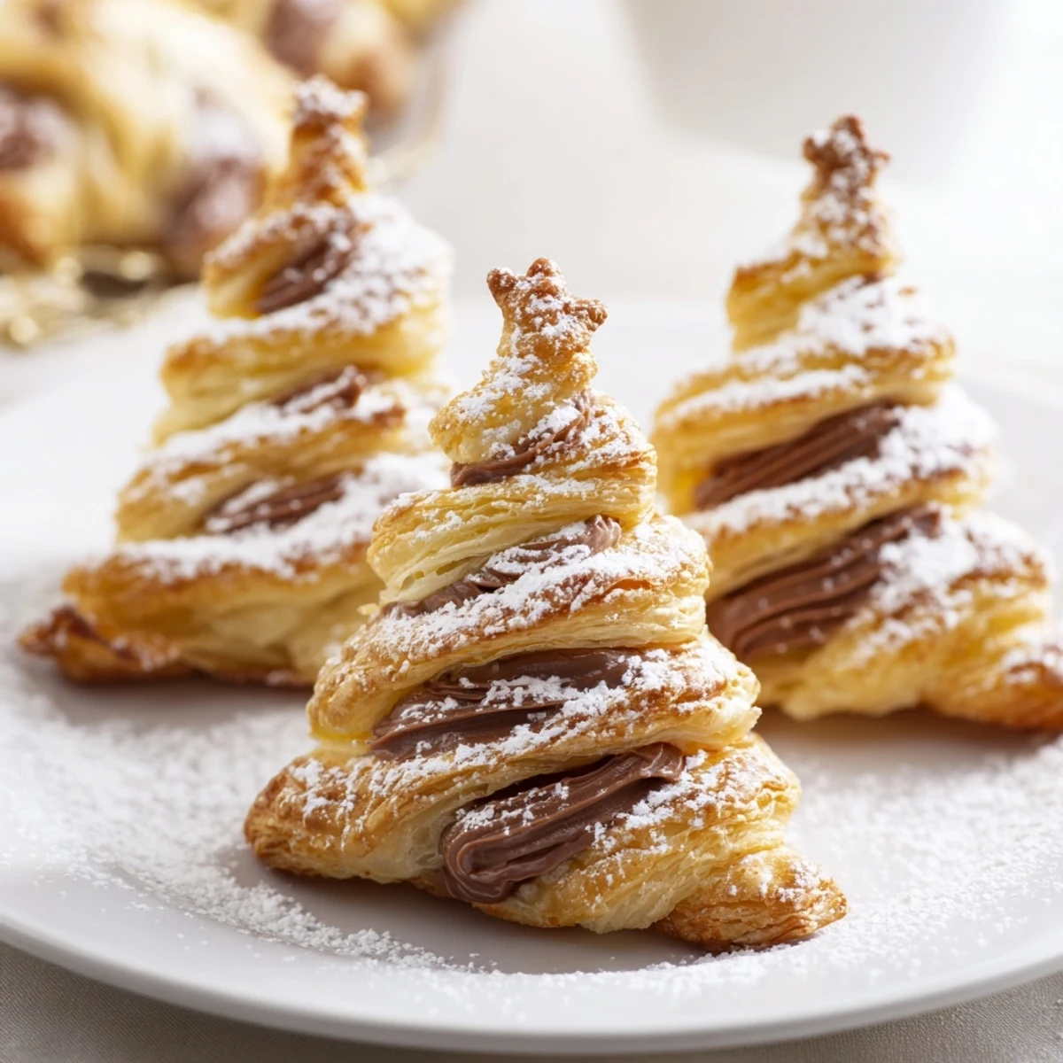 Festive Nutella Pastry Christmas Trees, dusted with powdered sugar, ready for a delicious Christmas treat.