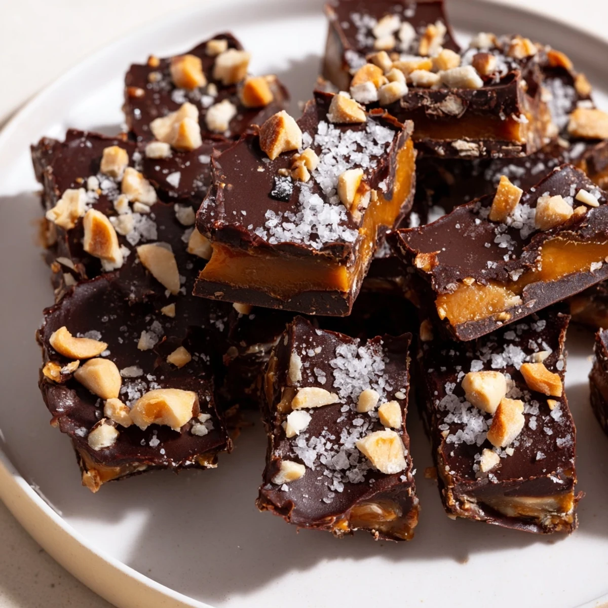 A close-up of Date Bark Snickers-Style reveals chopped peanuts and chocolate, promising a tasty dessert.