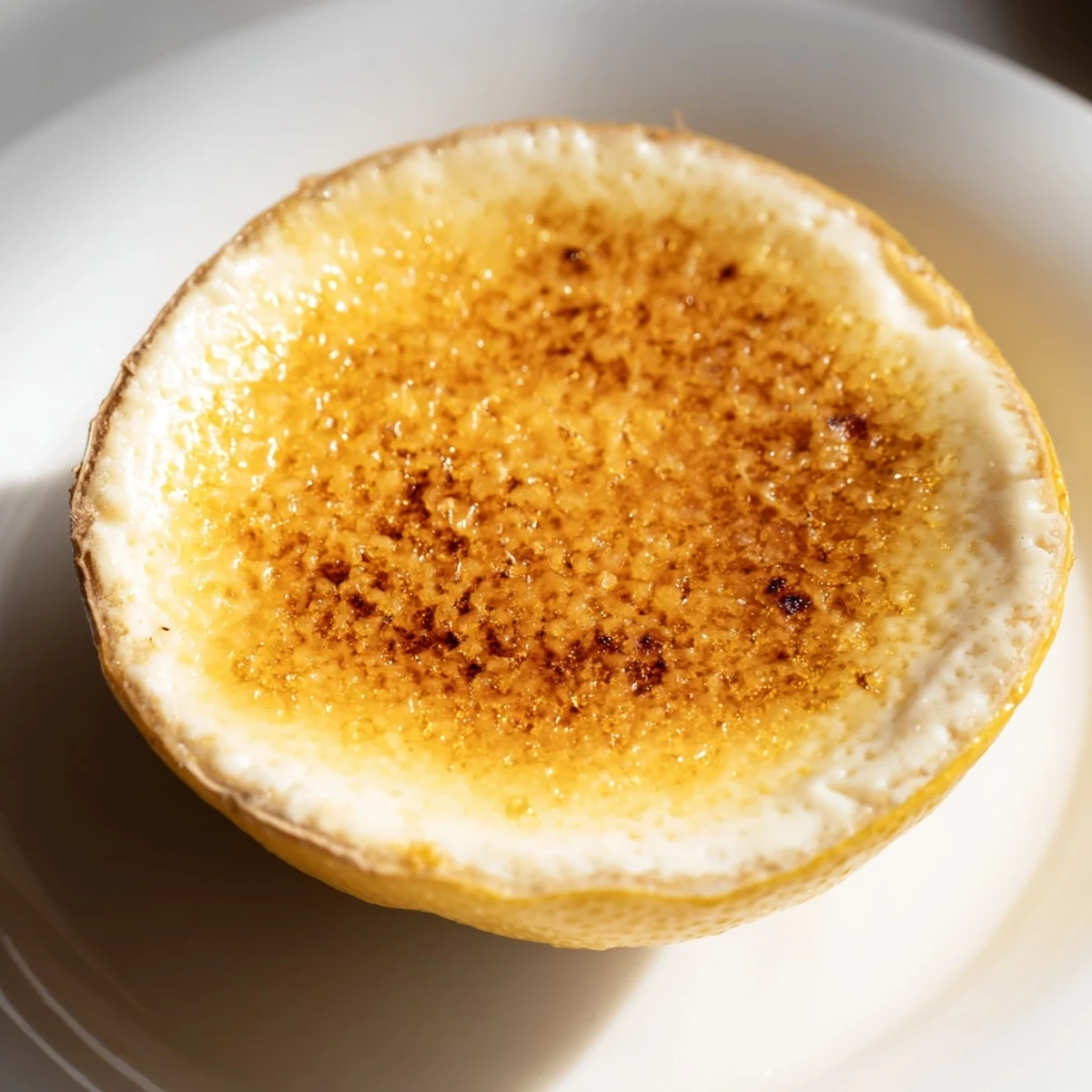 Silky lemon brûlée posset, a creamy dessert in lemon shells, topped with glistening caramelized sugar.