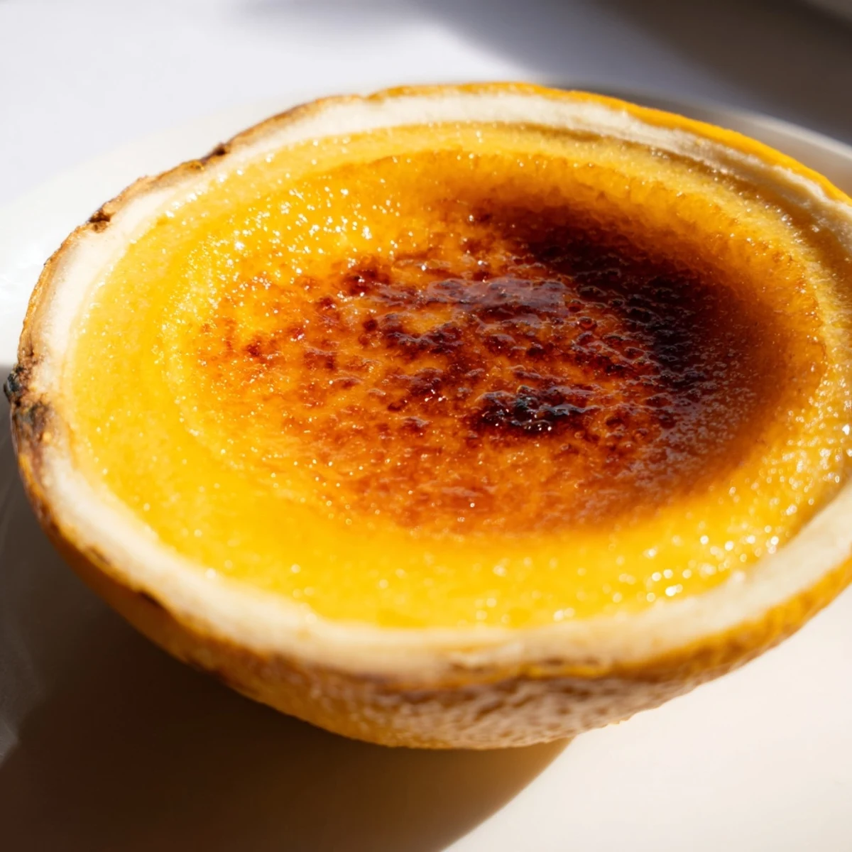 Beautifully browned, crisp sugar crust on a refreshing lemon brûlée posset, ready to enjoy.