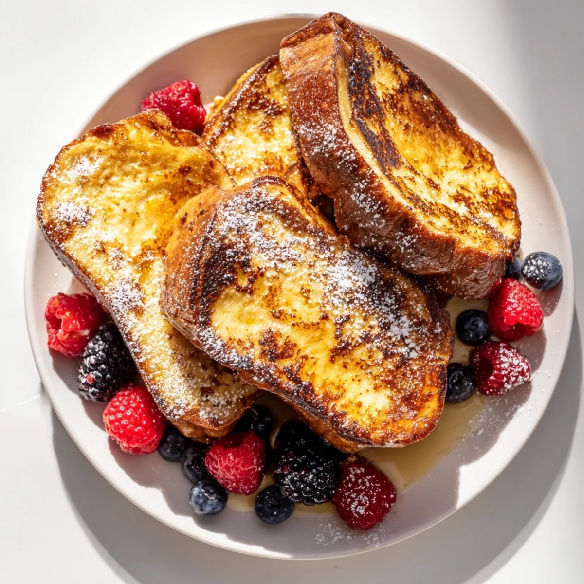 Golden, caramelized Ice Cream French Toast with fresh berries and drizzled maple syrup.
