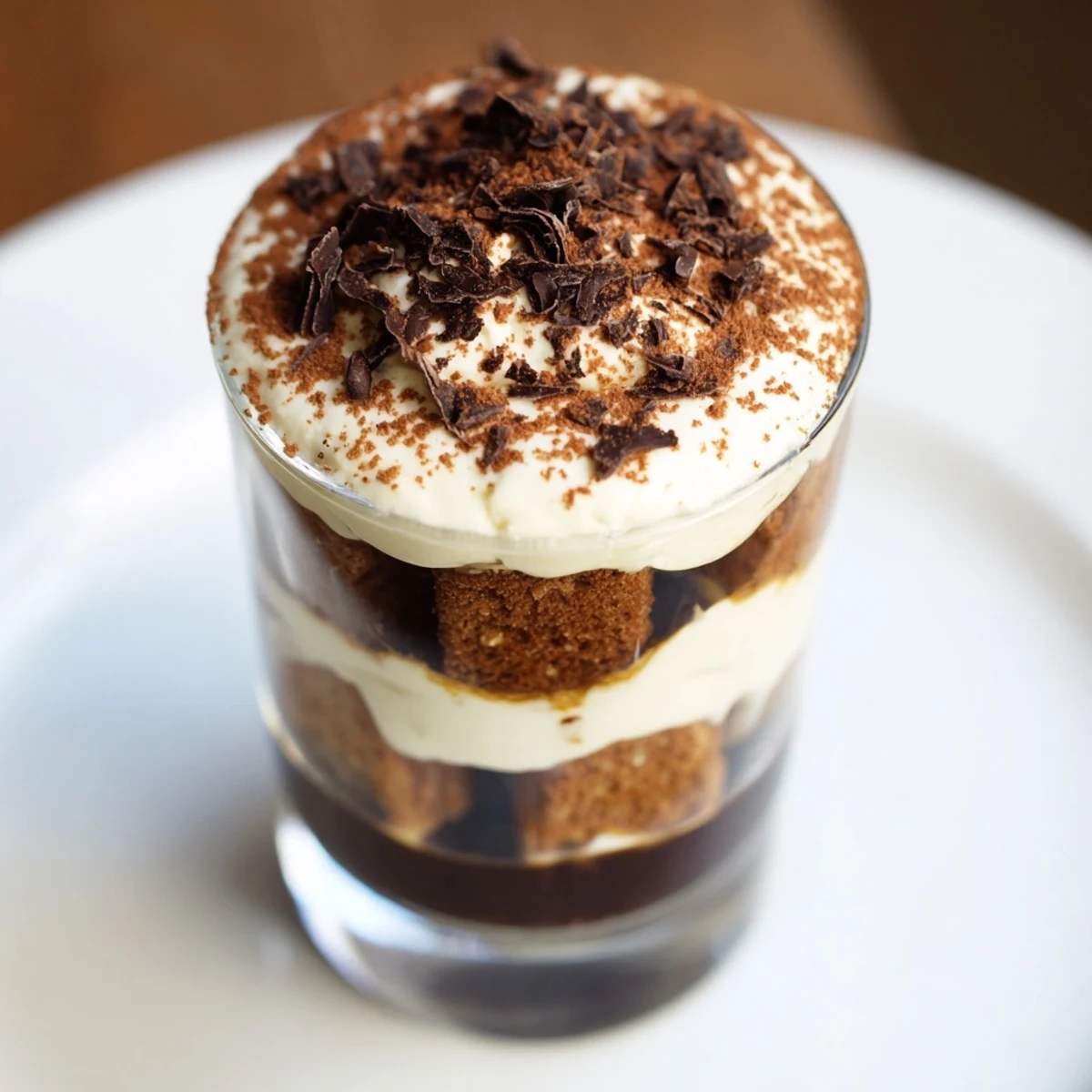 Deconstructed Tiramisu Shots in shot glasses: Layers of creamy mascarpone and coffee-soaked biscuits, dusted with cocoa.