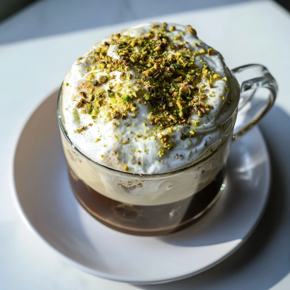 A beautiful Pistachio Latte Cloud, topped with fluffy cold foam and chopped pistachios, ready to enjoy.