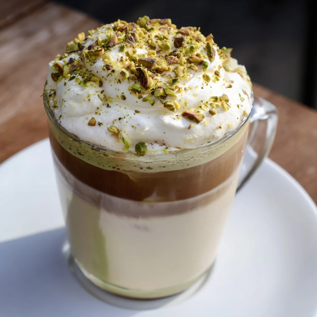 Sip on a homemade Pistachio Latte Cloud, featuring aromatic coffee and a velvety cold foam topping.