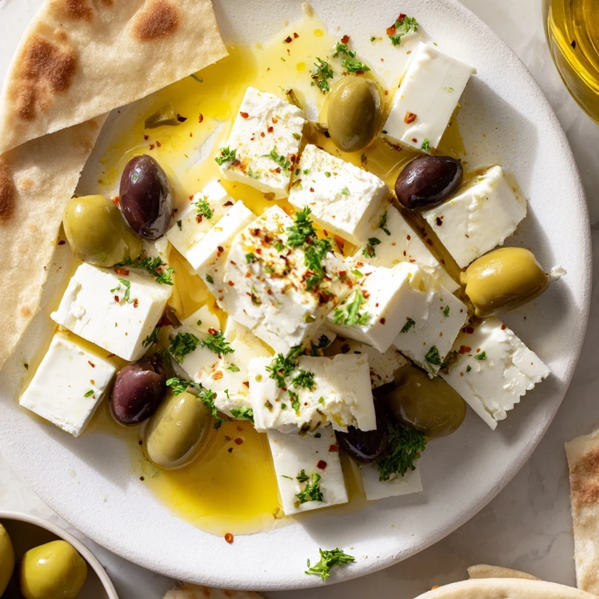 Delectable Turkish Olives & Cheese Board with creamy feta, glistening honey, and warm pita slices.