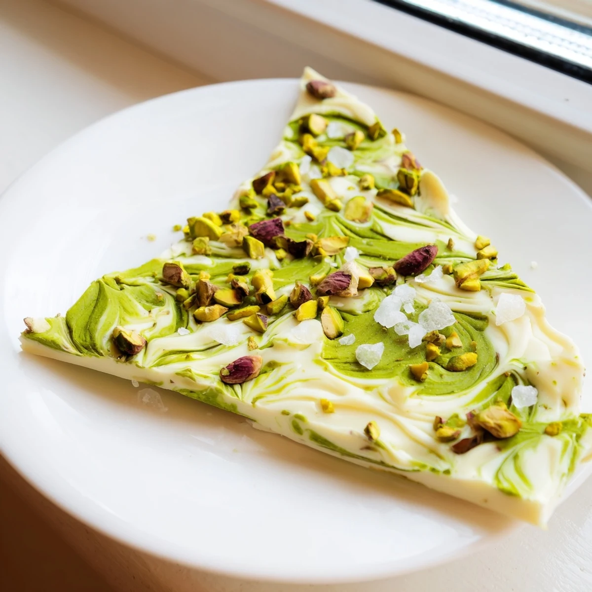 Pistachio Matcha White Chocolate bark, a creamy white chocolate dessert swirled with green matcha and crunchy pistachios.