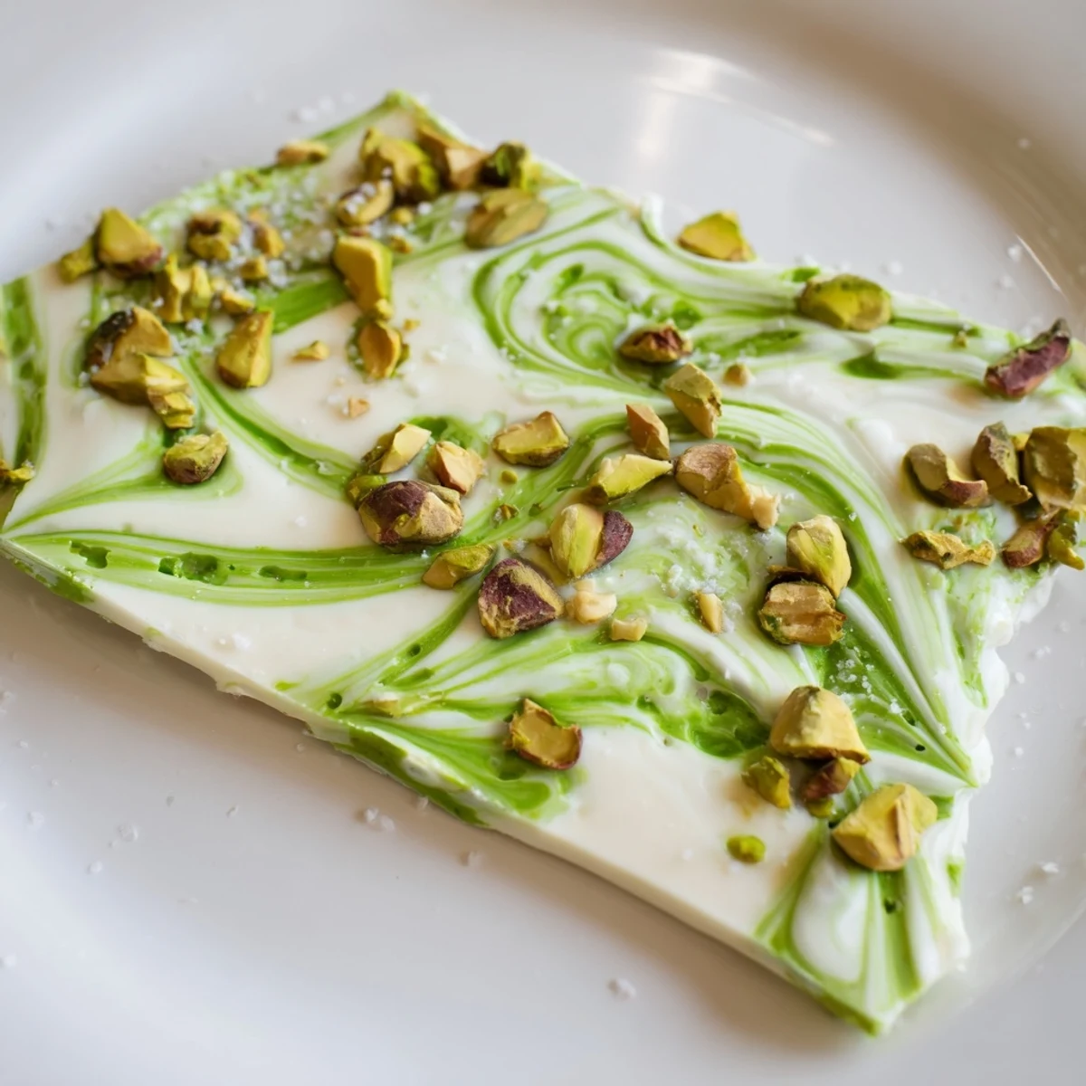 A close-up of delicious Pistachio Matcha White Chocolate, showing a perfect blend of sweet white chocolate and earthy matcha.