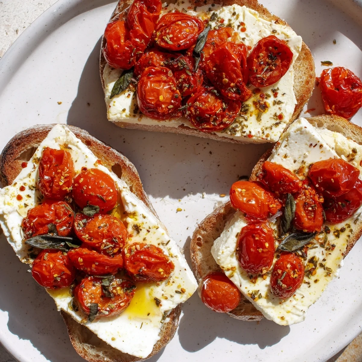 Creamy baked feta toast, a delightful Mediterranean snack with crusty bread and vibrant toppings.