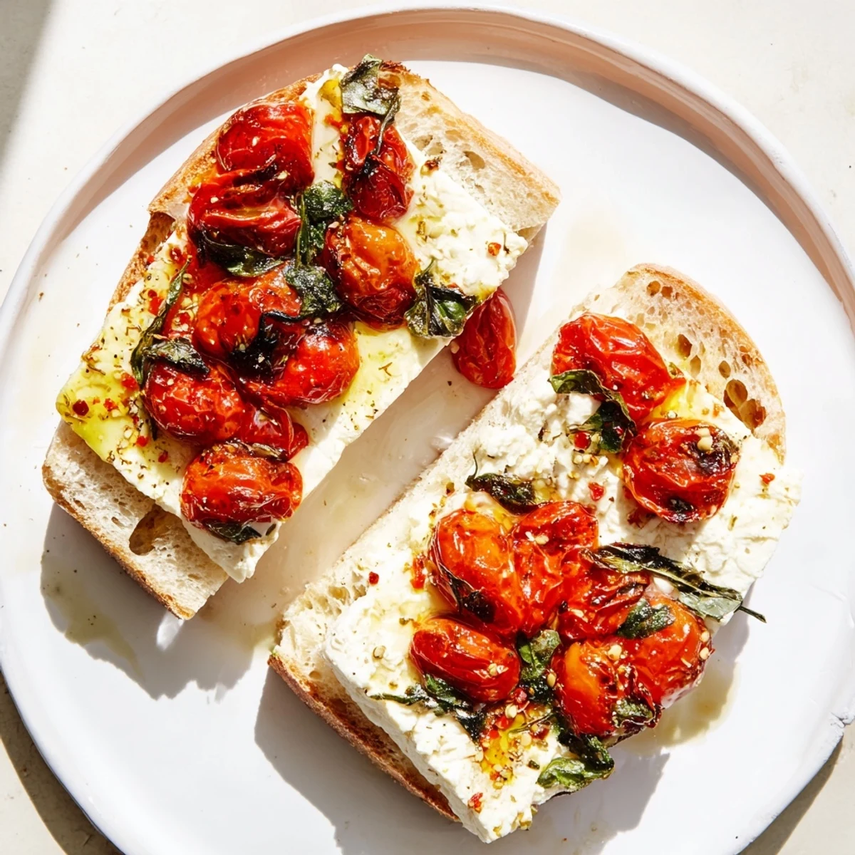 Savory baked feta toast, with browned feta and glistening cherry tomatoes, ready to serve warm.