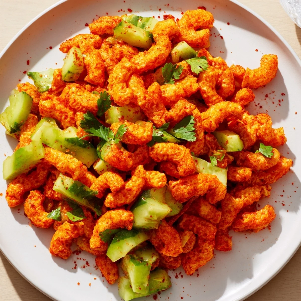 This Flamin Hot Cheeto Salad showcases colorful ingredients and a zesty lime dressing, ready to eat.