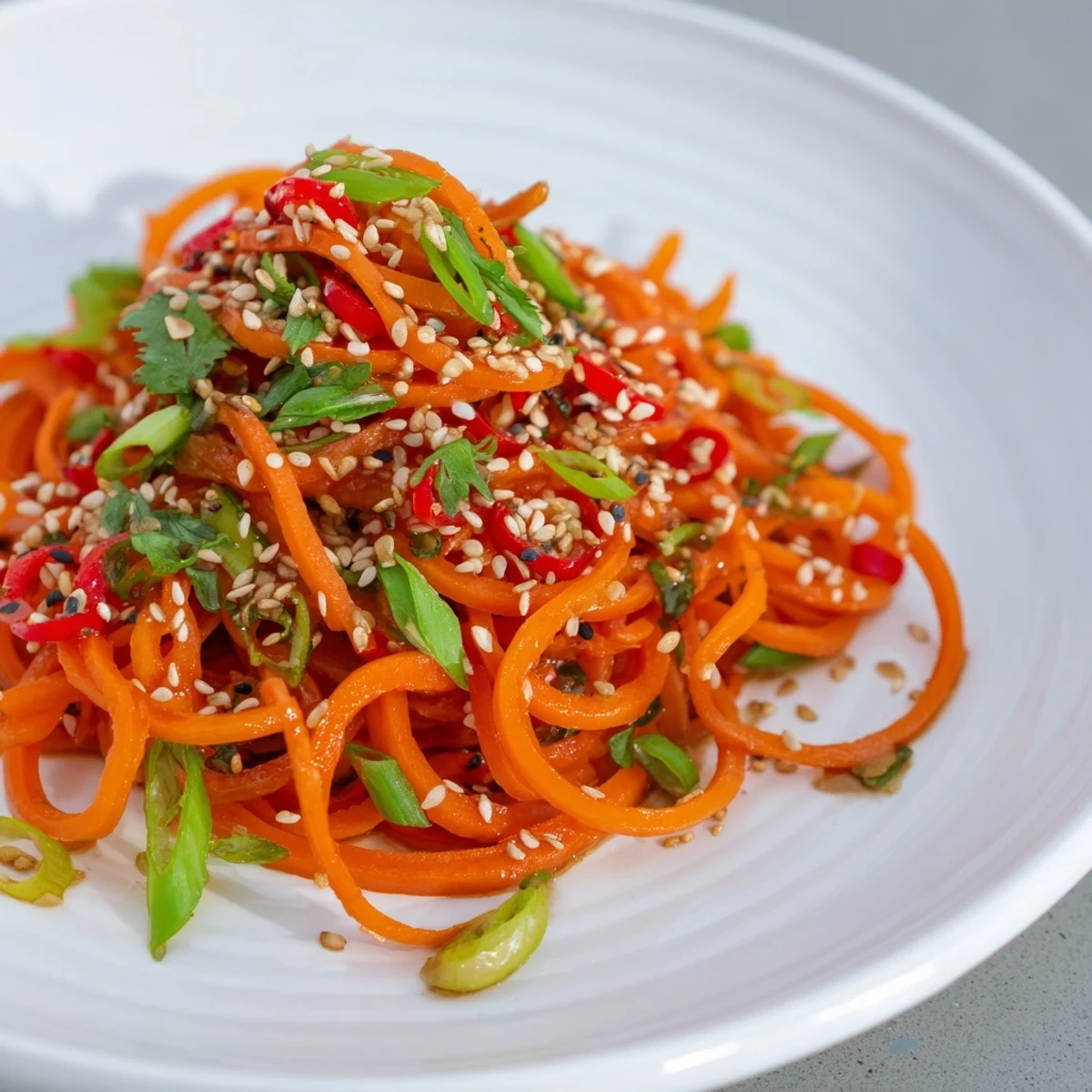 Vibrant Asian-Style Carrot Ribbon Salad, tossed in a savory dressing, topped with sesame seeds.