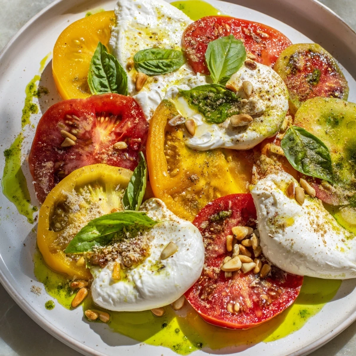 A beautiful heirloom tomato salad board, ready to serve with creamy burrata cheese and crusty bread.
