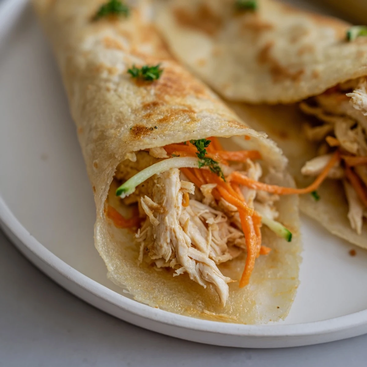 Golden-brown Garlicky Pulled Chicken Wraps feature crispy wrappers holding flavorful, garlic-infused chicken and fresh veggies.