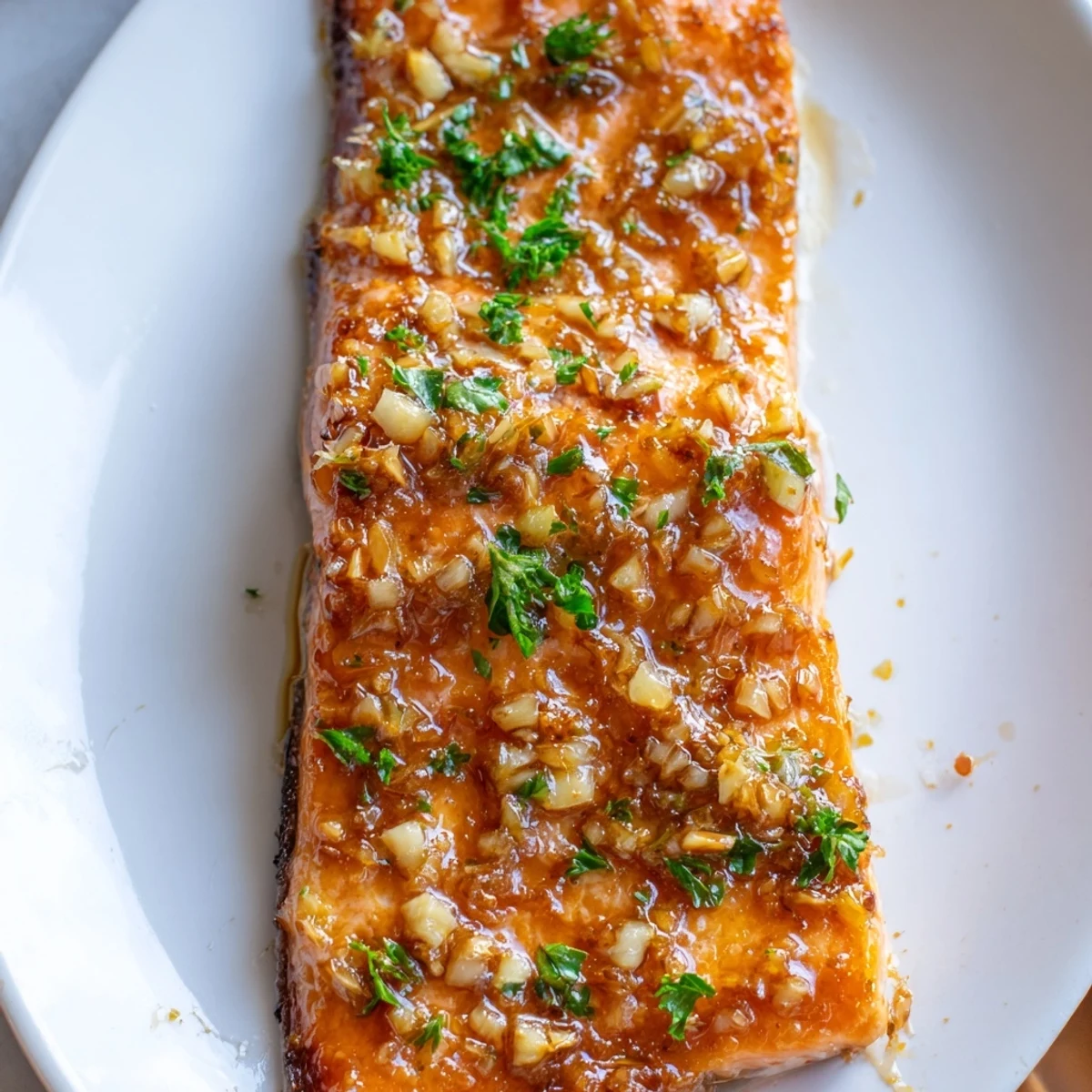 Freshly cooked Honey Garlic Glazed Salmon with caramelized edges and a side of lemon wedges on a white ceramic plate.
