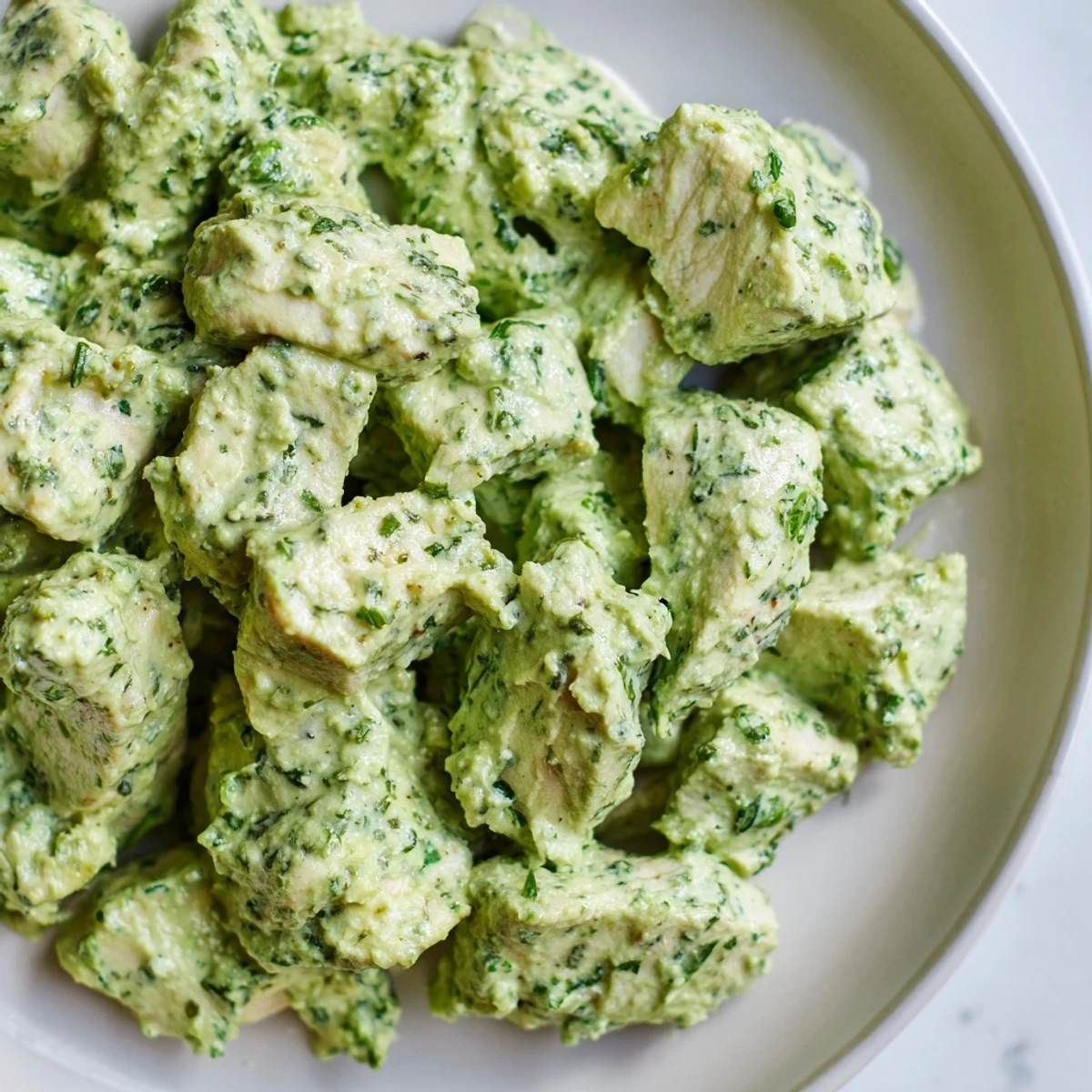 Juicy baked chicken chunks in creamy Green Goddess dressing, served over crisp mixed greens with cherry tomatoes and avocado slices.