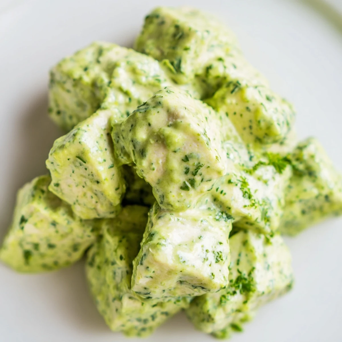 Gluten-free Green Goddess chicken salad tossed in tangy yogurt dressing, with cucumber, tomatoes, and herbs on a bed of greens.