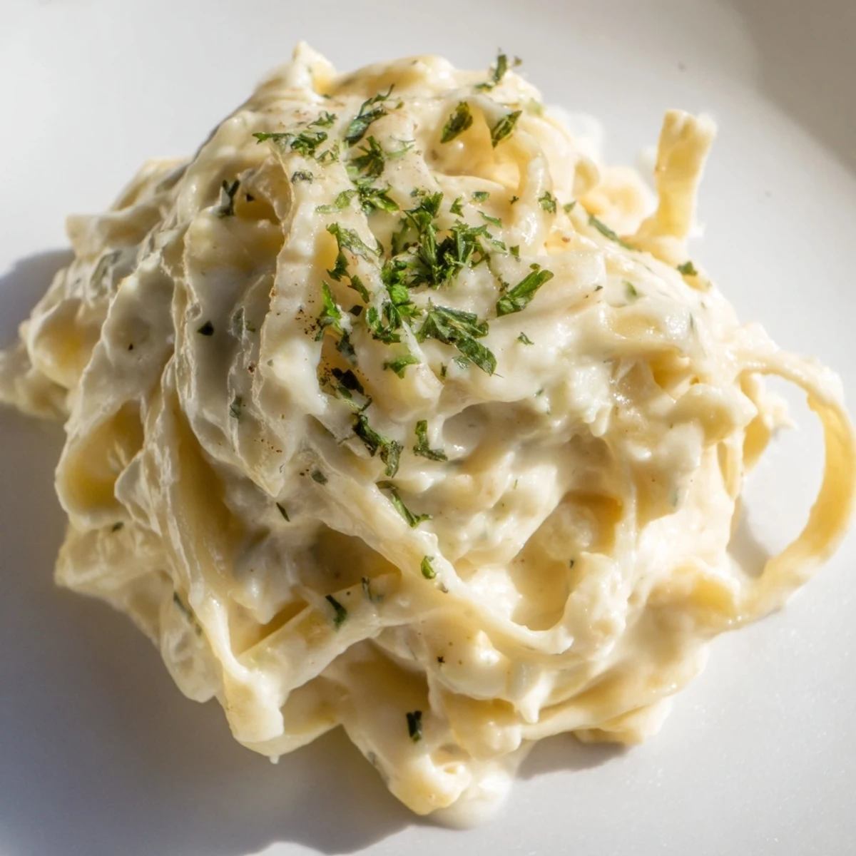 A plate of vegetarian roasted cauliflower alfredo features nutmeg-kissed sauce, rich Parmesan, and tender pasta for an easy weeknight meal.