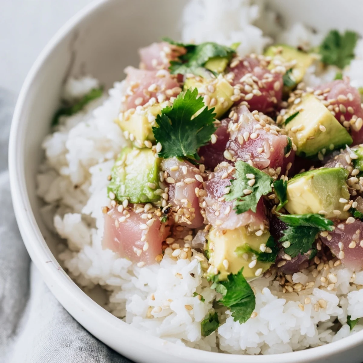 Close-up of a Tuna Avocado Rice Bowl, showcasing glistening sesame seeds, fresh avocado slices, and marinated tuna over fragrant jasmine rice, perfect for a quick meal.