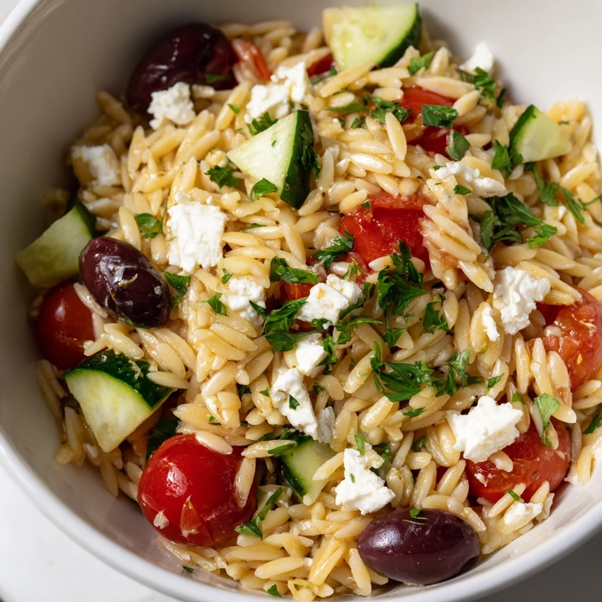 A bowl of Greek Orzo Salad with cherry tomatoes, cucumber, feta, and olives tossed in lemon-oregano dressing.