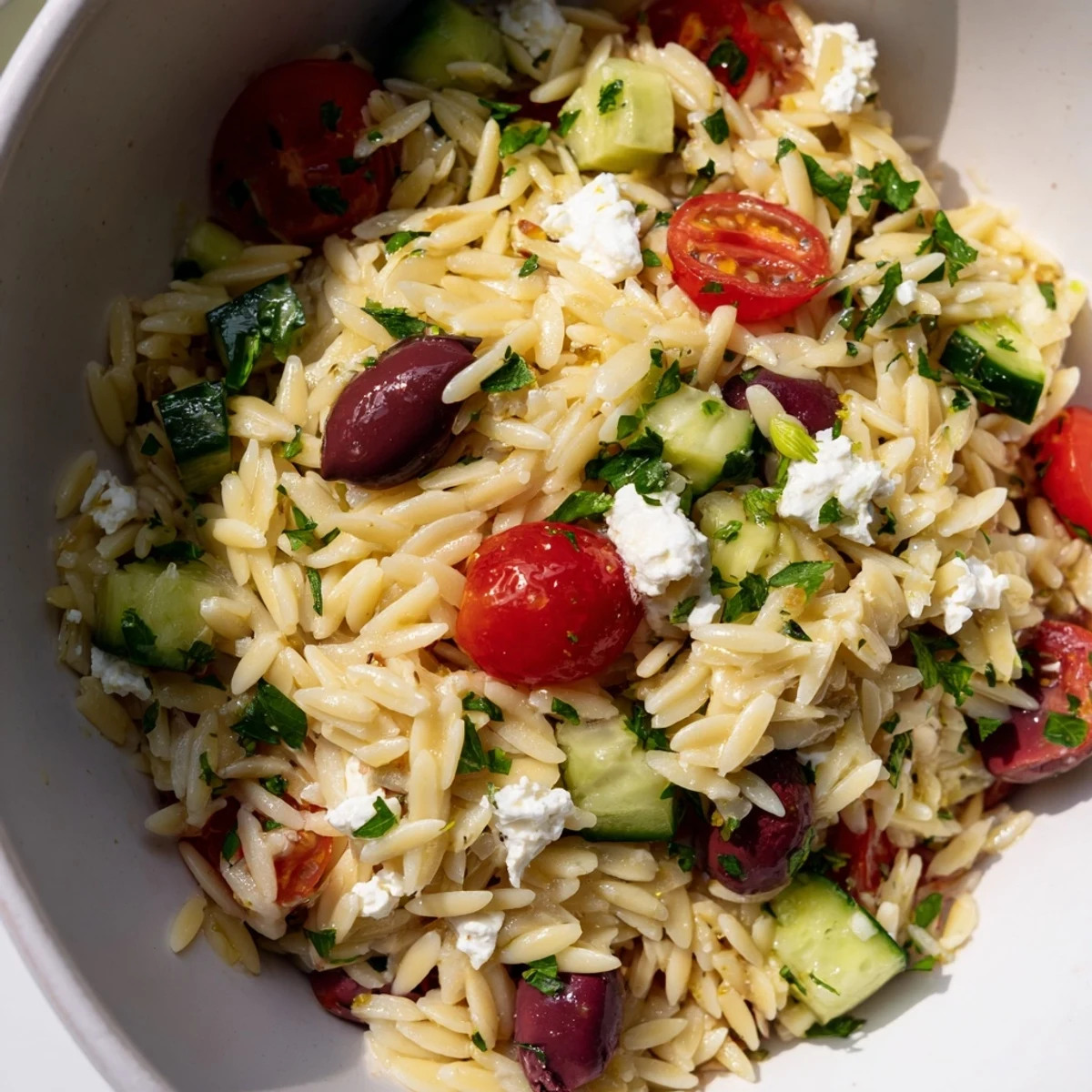 Greek Orzo Salad served chilled in a white bowl, garnished with fresh parsley and crumbled feta cheese.