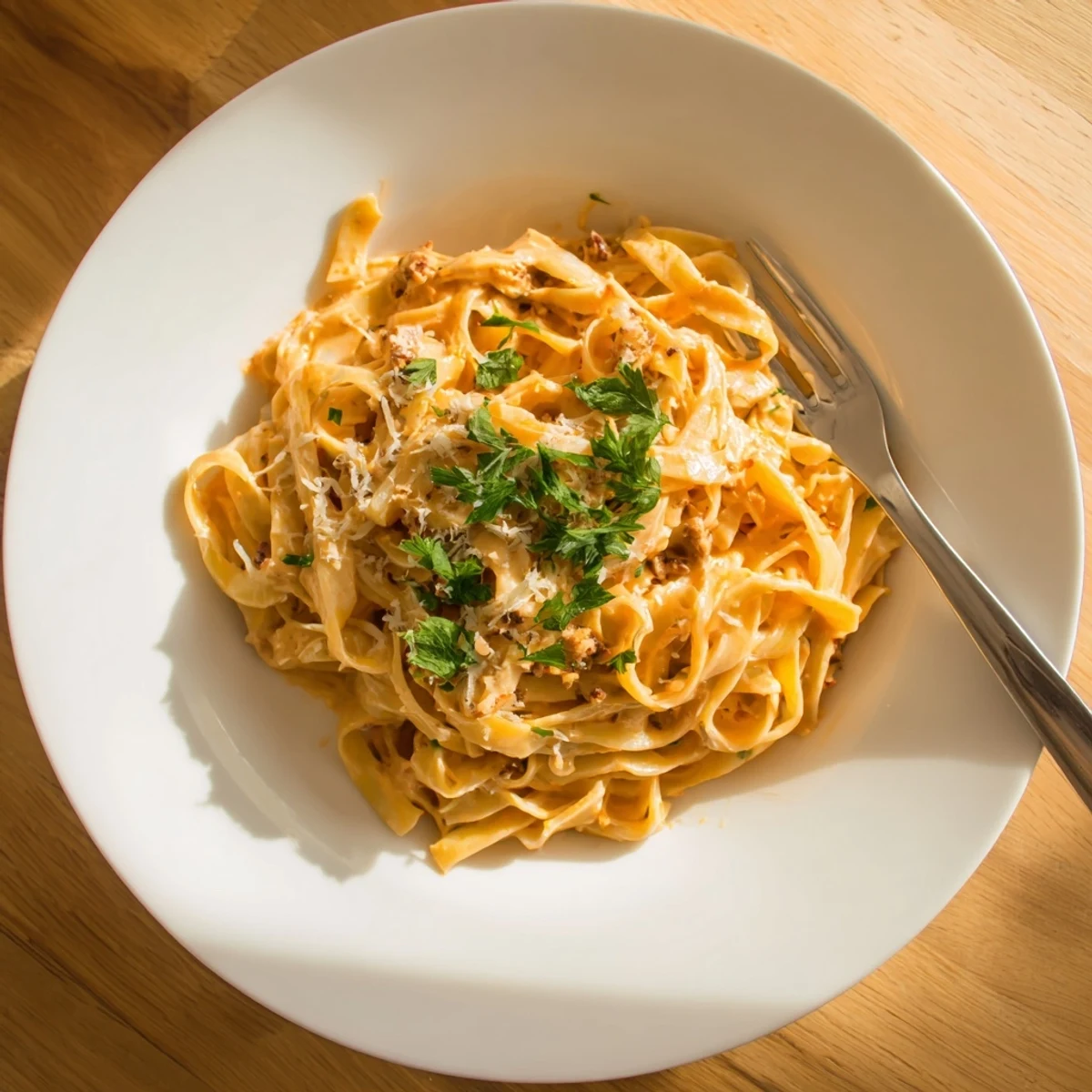 Close-up of Sriracha Honey Pasta showing creamy orange sauce coating fettuccine, garnished with fresh parsley and parmesan.