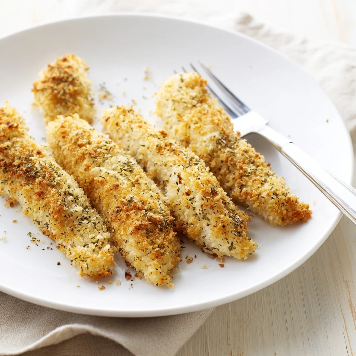 Crispy Panko Chicken Strips baked golden brown and served hot with a side of honey mustard dipping sauce.