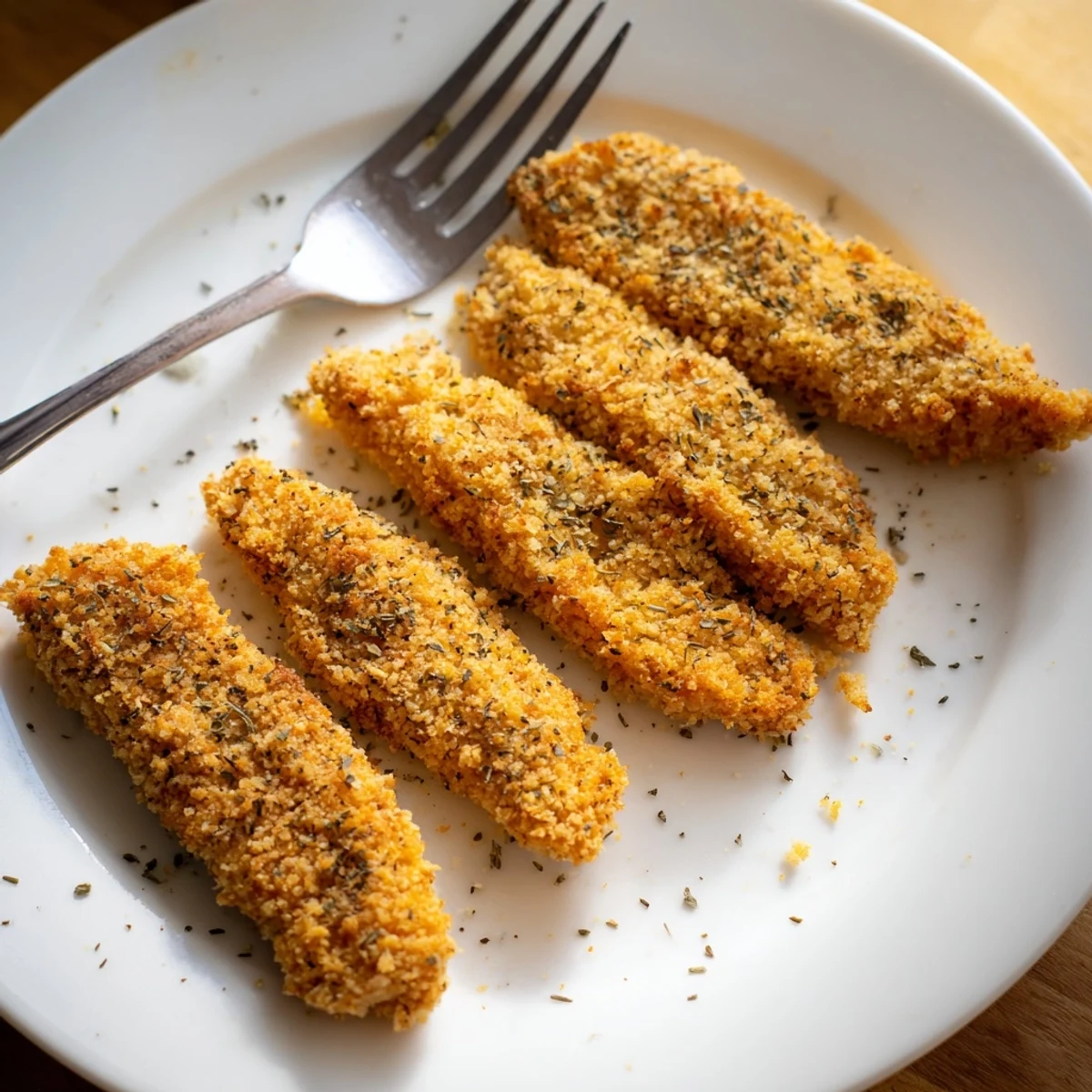 Tender Crispy Panko Chicken Strips paired with ranch dip and a fresh salad for a casual, guilt-free gathering.