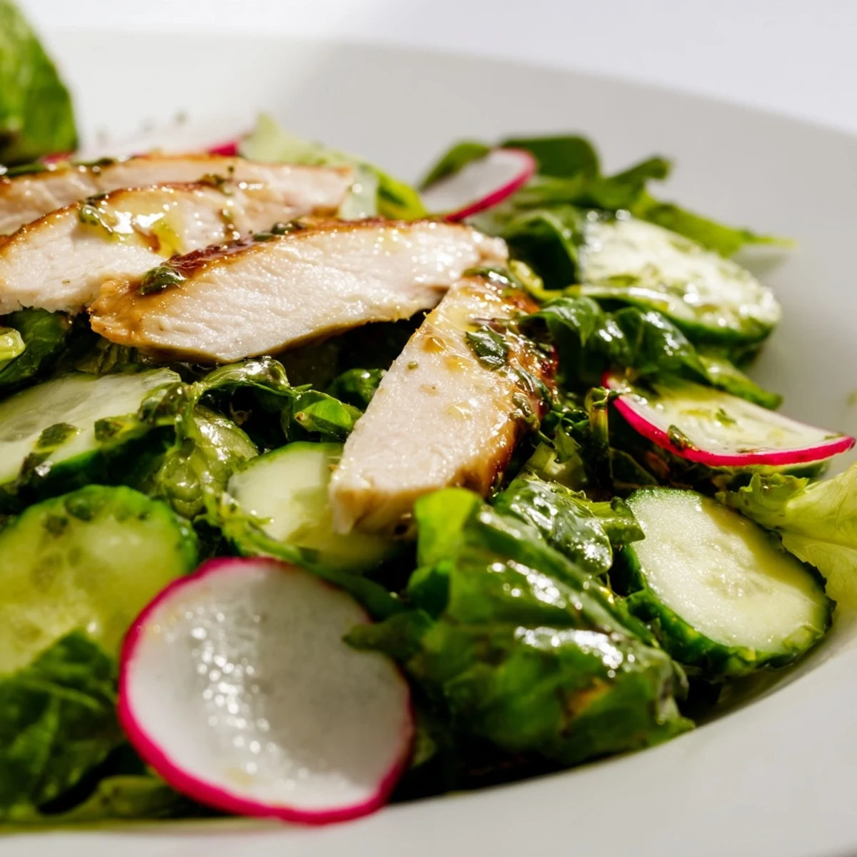 Freshly grilled chicken slices rest atop vibrant spring greens and crisp cucumber for this Spring Detox Chicken Salad.