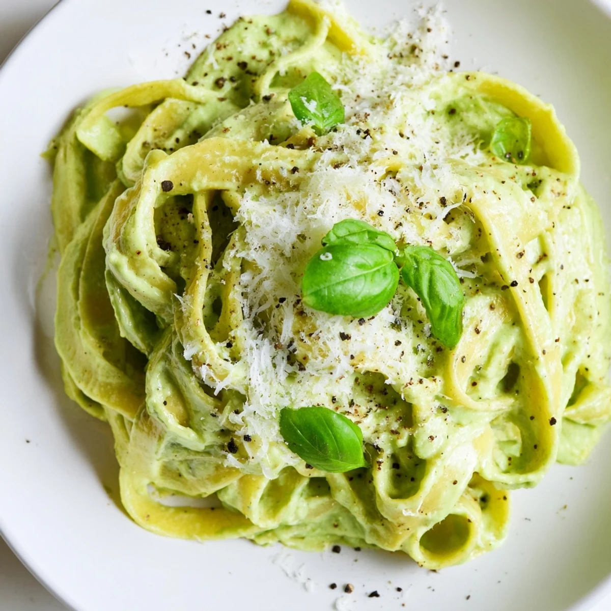 Creamy green pea Alfredo pasta twirled on a fork, coated in a vibrant emerald sauce flecked with fresh basil.  