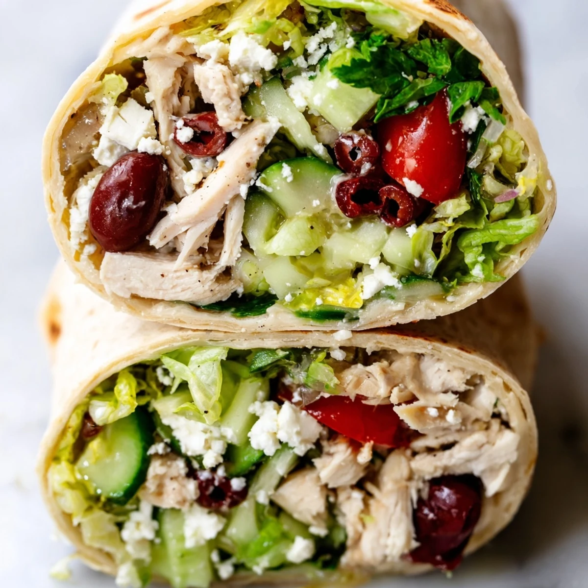 A close-up of a Greek Lemon Chicken Salad Wrap, showing grilled chicken pieces, diced cucumber, tomatoes, and crumbled feta cheese in a warm flour tortilla.  