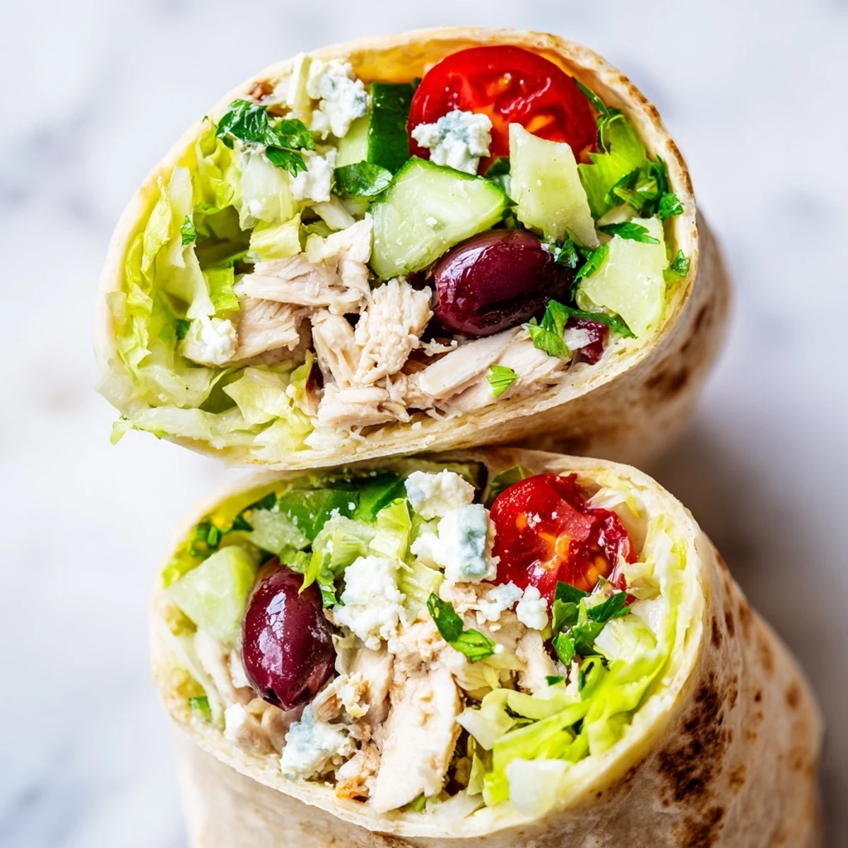 Bright, fresh Mediterranean flavors in this Greek Lemon Chicken Salad Wrap, featuring juicy chicken and vibrant veggies on a warm tortilla.