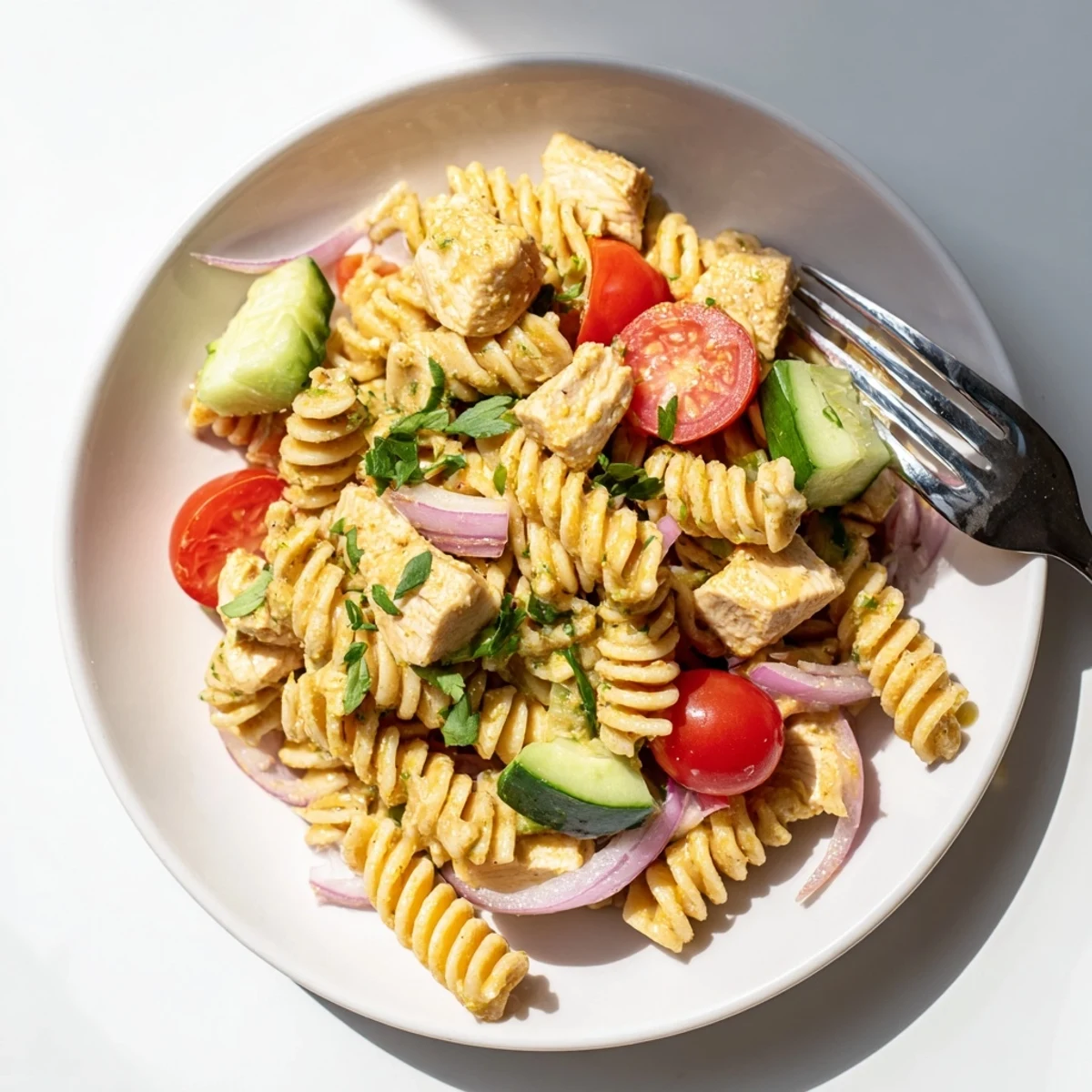 Fresh Honey Mustard Chicken Pasta Salad served on a bed of mixed greens with cherry tomatoes and red bell peppers.