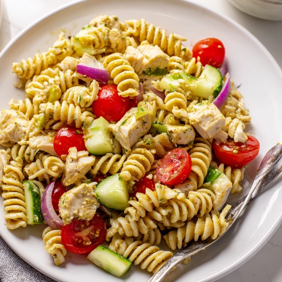 A vibrant bowl of Honey Mustard Chicken Pasta Salad with tender chicken, spiral pasta, and crisp cucumbers, tossed in a golden dressing.