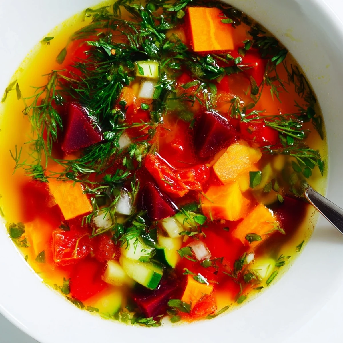 A vibrant bowl of Rainbow Vegetable Detox Soup, featuring steaming red beetroot, orange carrots, and fresh green herbs.