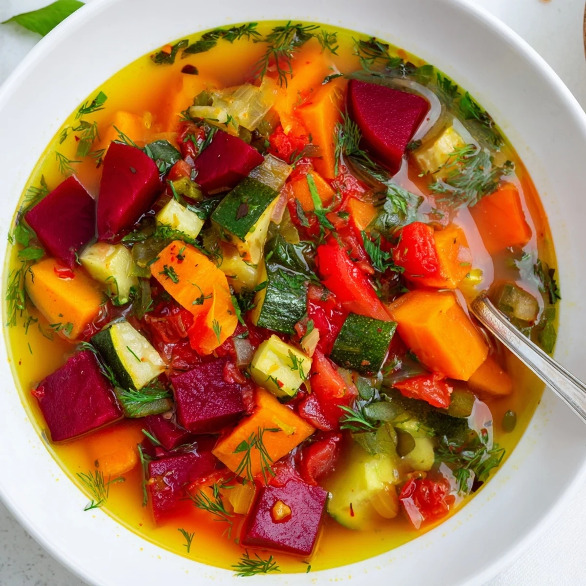 Steaming Rainbow Vegetable Detox Soup served in a rustic bowl, garnished with fresh parsley and a lemon wedge.