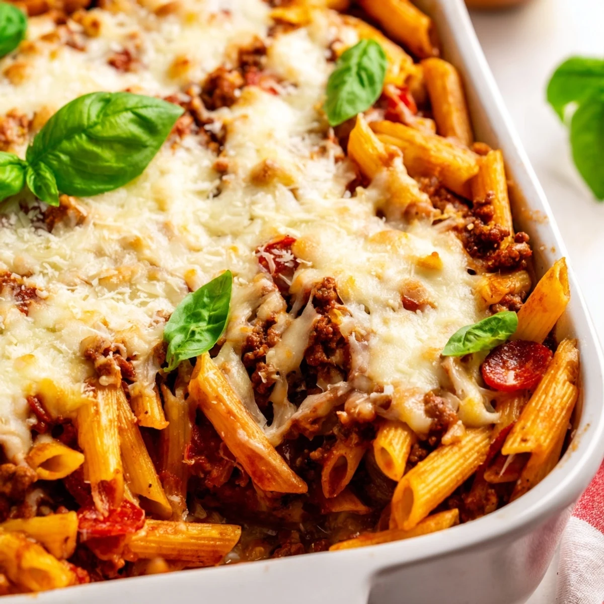 Golden, bubbling High Protein Italian Beef and Pasta Bake fresh from the oven, featuring a rich meat sauce and melted mozzarella.  