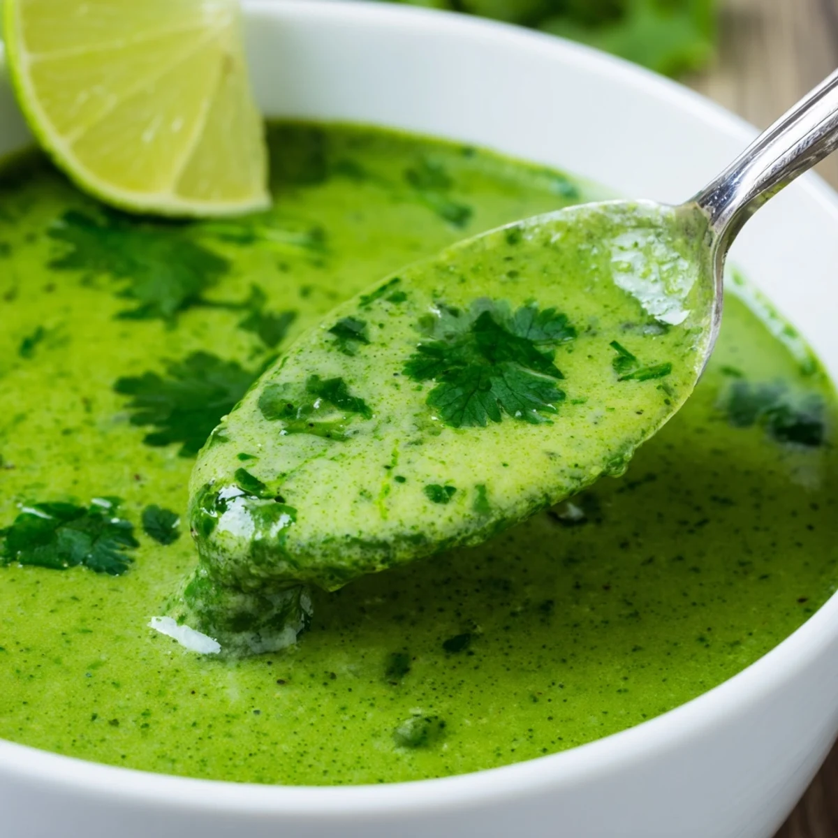 Creamy Spinach Coriander Lemongrass Soup looks vibrant with fresh herbs and lime.