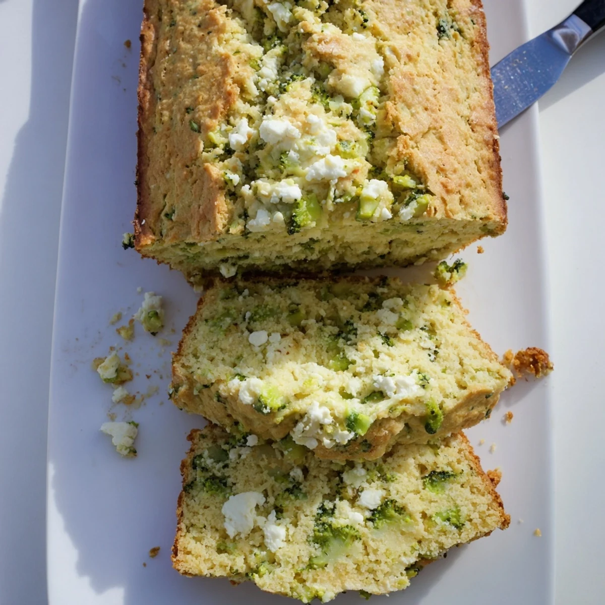 A slice of moist Broccoli and Feta Loaf reveals vibrant green florets and creamy white cheese crumbles against golden-brown crust.  