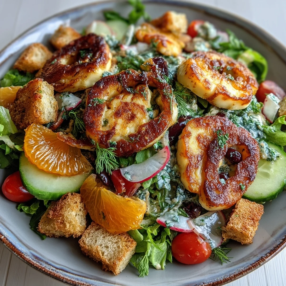 Halloumi Blood Orange Fattoush: golden halloumi, juicy oranges, crisp croutons, vibrant salad.