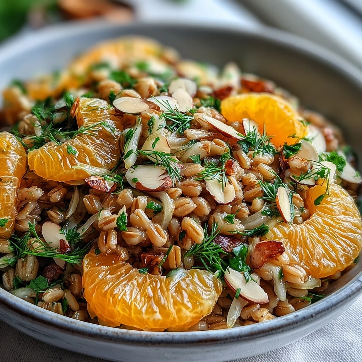 Vibrant farro salad showcases crisp fennel, sweet oranges, and crunchy almonds.