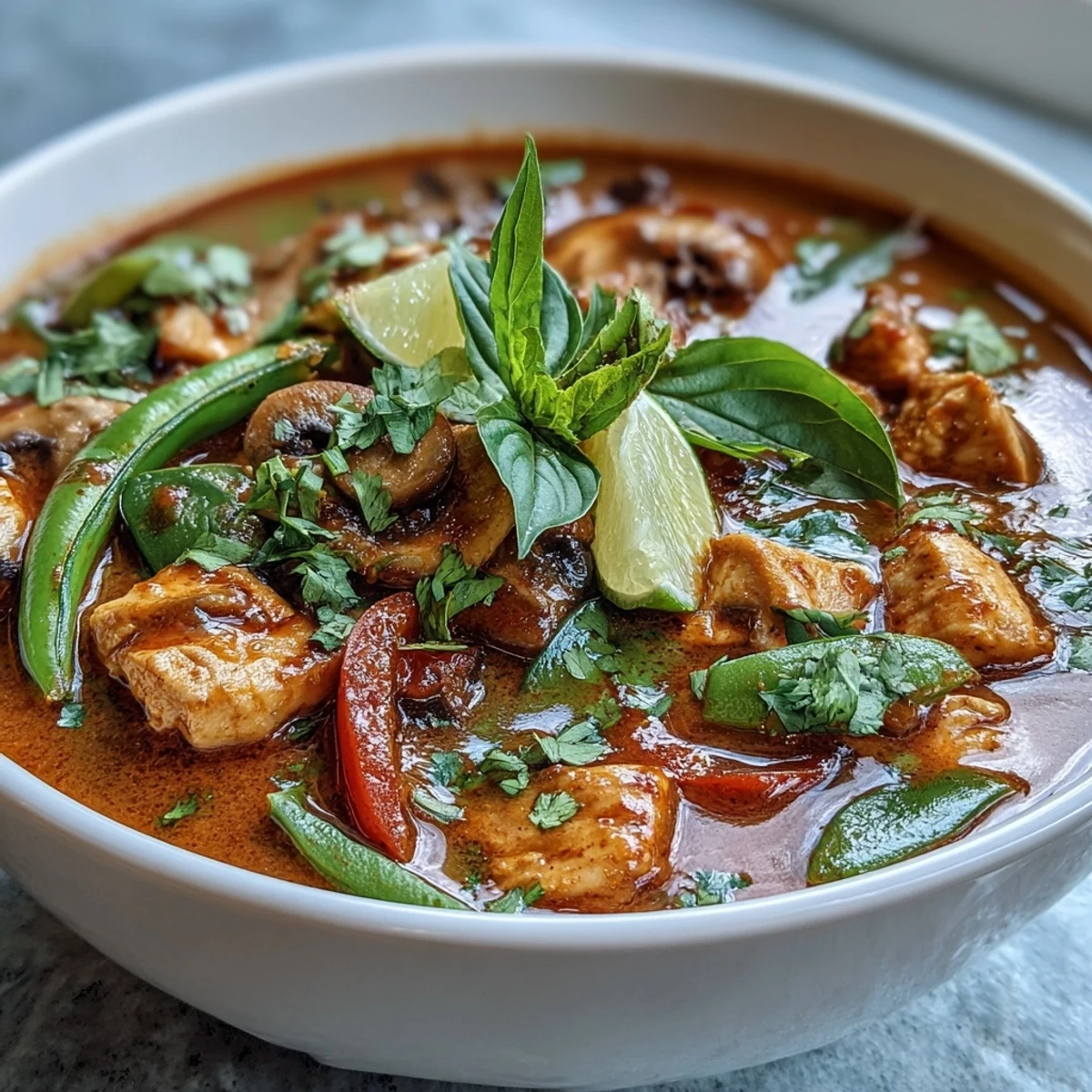 Fragrant Thai Chicken Coconut Curry Soup steaming in a white bowl with red bell peppers and snow peas.