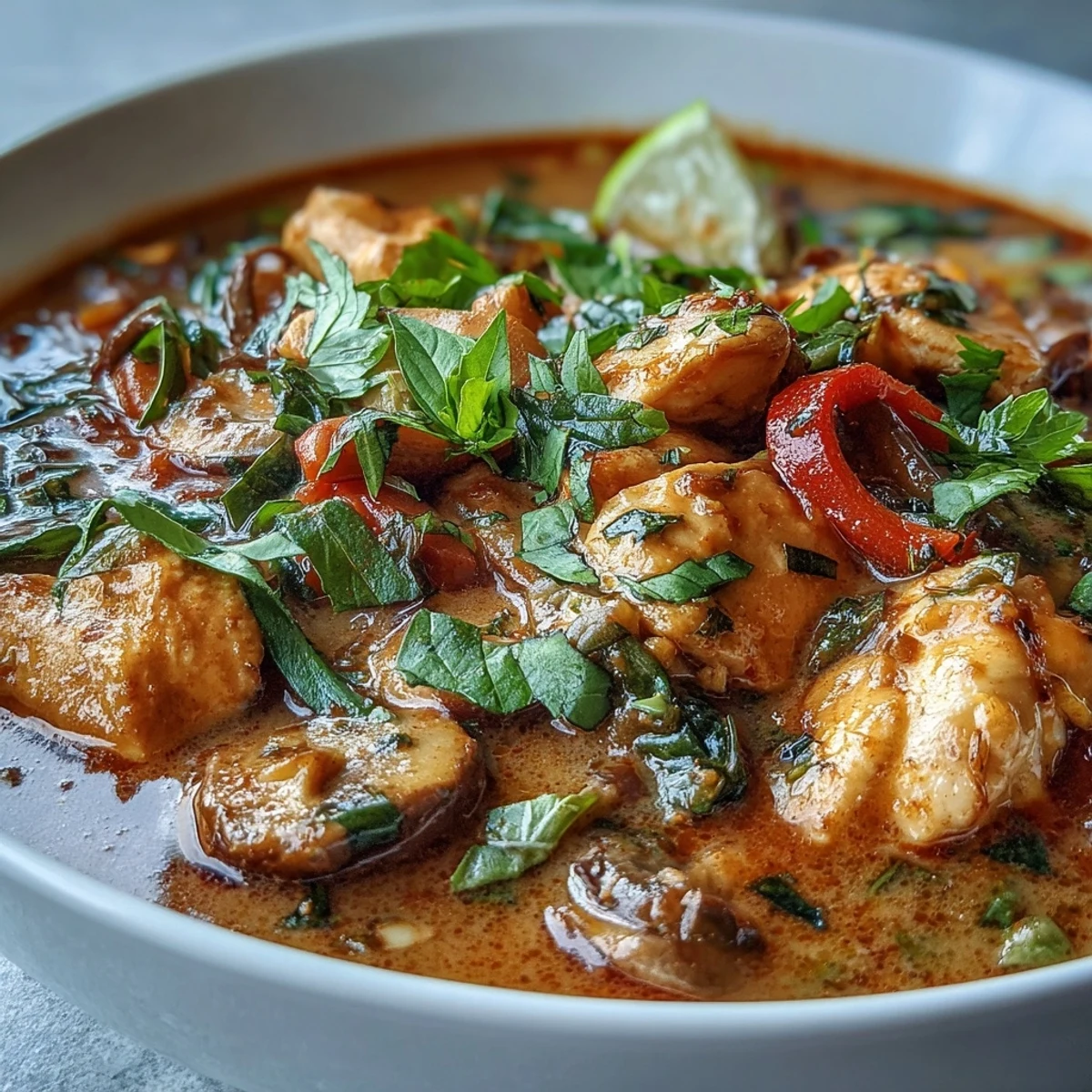 Creamy Thai Chicken Coconut Curry Soup garnished with fresh cilantro, Thai basil, and lime wedges.